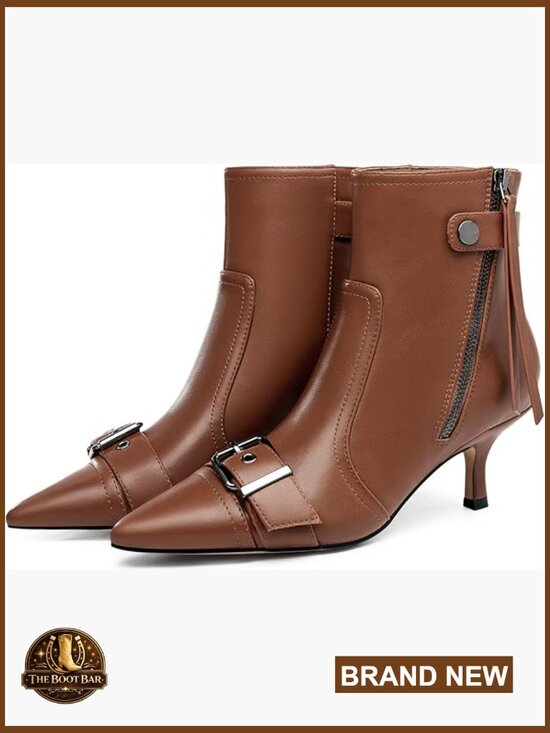 Shoes - Womens Kitten Heel Ankle Boots Pointed Toe Buckle Side Zip Tassel